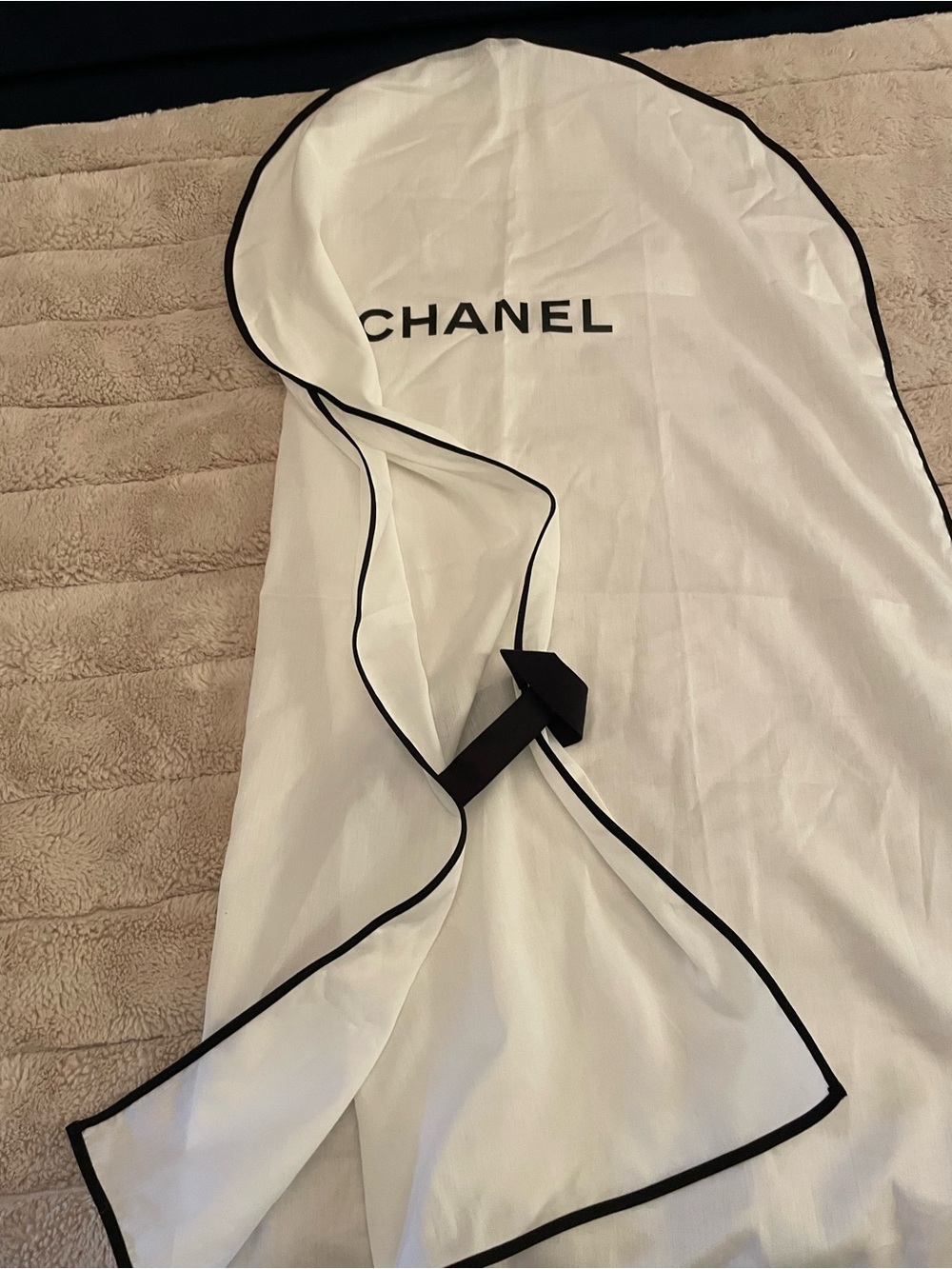 CHANEL White Fabric long skirt or knee length dress garment  Bag with Black Logo